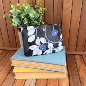 Dena Blue Cherry Print Wristlet Pouch Black Canvas Gold Zip